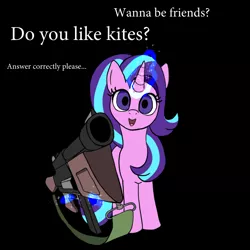 Size: 800x800 | Tagged: safe, artist:slamjam, derpibooru import, starlight glimmer, pony, unicorn, black background, dialogue, gun, image, jpeg, kite, levitation, looking at you, magic, open mouth, pointing gun, simple background, solo, telekinesis, text, that pony sure does love kites, tommy gun, weapon