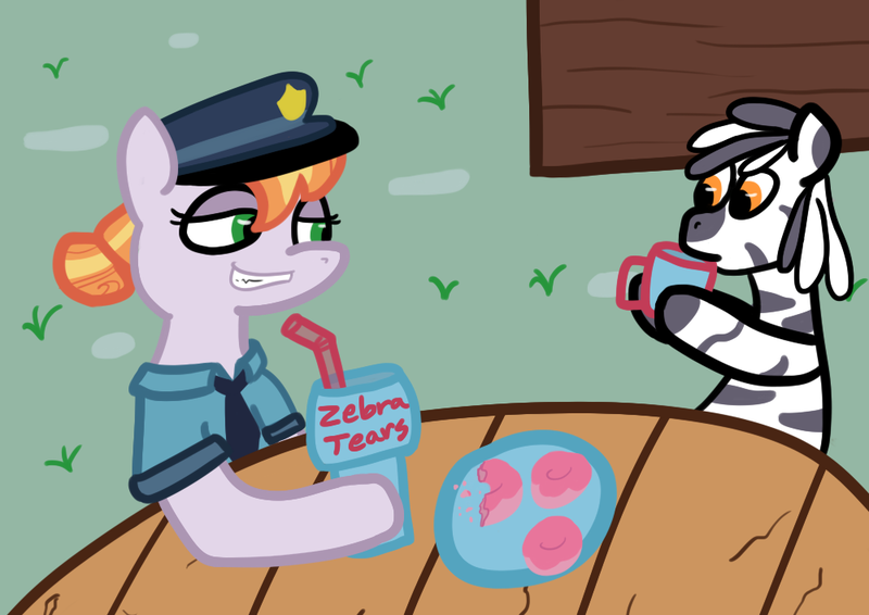 Size: 1000x707 | Tagged: safe, artist:wren, derpibooru import, copper top, oc, oc:slow sipper, earth pony, pony, zebra, clothes, comic, crumbs, cup, donut, female, food, grass, image, implied racism, mare, mug, op is a duck, outdoors, plate, png, police officer, racial slur, sipping, smug, table, uniform