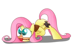 Size: 1678x1000 | Tagged: suggestive, artist:mr-degration, derpibooru import, fluttershy, pegasus, pony, arm behind back, ballgag, blushing, bondage, cutiemarking, drool, face down ass up, female, femsub, gag, image, mare, png, rope, rope bondage, simple background, solo, solo female, spread legs, spreading, submissive, tape, transparent background