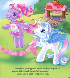 Size: 1280x1438 | Tagged: safe, artist:heckyeahponyscans, artist:lyn fletcher, derpibooru import, official, star catcher, triple treat, earth pony, pegasus, pony, apron, bow, bush, clothes, daisy (flower), flower decoration, flower jump rope, g3, garland, holding, image, jpeg, jumping, petals, playing, pony field day, ponytail, ribbon, scan, well