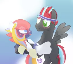 Size: 2706x2360 | Tagged: safe, artist:pasteldraws, derpibooru import, oc, oc:nighfall serenade, pegasus, pony, blushing, clothes, cloud, cloudy, cute, flying, freckles, holding a pony, hoodie, image, png, sky, sweatband