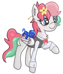Size: 738x867 | Tagged: safe, artist:coffeeponee, derpibooru import, oc, oc:coffea flower, unofficial characters only, pegasus, pony, derpibooru community collaboration, 2021 community collab, bowtie, clothes, female, flower, flower in hair, fluffy, image, mare, plushie, png, simple background, solo, transparent background