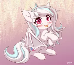 Size: 1800x1600 | Tagged: safe, artist:symbianl, derpibooru import, oc, oc:wynter skye, unofficial characters only, bat pony, pony, abstract background, blushing, cute, female, fluffy, image, jpeg, mare, ocbetes, open mouth, sitting, smiling at you, solo