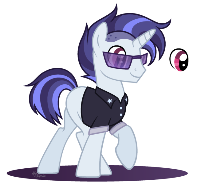 Size: 2015x1886 | Tagged: safe, artist:strawberry-spritz, derpibooru import, pony, unicorn, clothes, image, male, offspring, parent:neon lights, parent:vinyl scratch, parents:vinylights, png, simple background, solo, stallion, sunglasses, transparent background