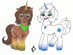 Size: 1502x1143 | Tagged: safe, artist:assertiveshypony, derpibooru import, oc, oc:green scroll, oc:snowmoon, unofficial characters only, pony, unicorn, clothes, drawing, g5, glasses, happy, image, jewelry, jpeg, looking at you, necklace, scarf, simple background, traditional art, white background