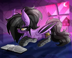 Size: 1630x1320 | Tagged: safe, artist:lady lullaby star, derpibooru import, oc, oc:midnight oil, unofficial characters only, bat pony, pony, bat pony oc, bat wings, bed, book, clothes, crescent moon, eyelashes, fangs, female, glasses, image, jpeg, lying down, mare, moon, nerd, night, socks, solo, stars, window, wings