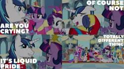 Size: 1986x1117 | Tagged: safe, derpibooru import, edit, edited screencap, editor:quoterific, screencap, amberlocks, applejack, bon bon, bruce mane, caramel, cherry cola, cherry fizzy, doctor whooves, eclair créme, goldengrape, jangles, masquerade, north star, orion, perfect pace, pinkie pie, princess cadance, rainbow dash, rarity, shining armor, shooting star (character), sir colton vines iii, spring melody, sprinkle medley, star gazer, sunshower raindrops, sweetie drops, time turner, twilight sparkle, twilight sparkle (alicorn), alicorn, earth pony, pegasus, pony, unicorn, magical mystery cure, big crown thingy, clothes, coronation dress, crown, crying, dress, element of magic, eyes closed, female, hug, image, jewelry, liquid pride, male, open mouth, png, regalia, surprised, teeth