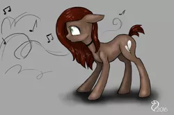 Size: 3190x2114 | Tagged: safe, artist:cvanilda, derpibooru import, oc, unofficial characters only, earth pony, pony, choker, earth pony oc, gray background, image, jpeg, music notes, signature, simple background, solo