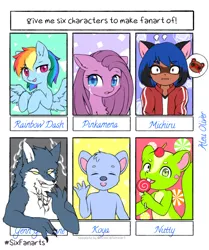 Size: 1280x1529 | Tagged: safe, artist:aleuoliver, derpibooru import, pinkie pie, rainbow dash, anthro, earth pony, pegasus, pony, raccoon, squirrel, six fanarts, anthro with ponies, bna: brand new animal, bust, candy, clothes, crossover, crying, eyes closed, female, food, happy tree friends, image, jpeg, licking, lollipop, male, michiru kagemori, nutty, pictogram, pinkamena diane pie, tongue out, waving, wide eyes, wings