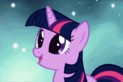 Size: 360x240 | Tagged: safe, derpibooru import, screencap, twilight sparkle, pony, unicorn, magical mystery cure, animated, blinking, cute, eye shimmer, female, gif, happy, image, looking up, mare, open mouth, princess celestia's special princess making dimension, smiling, solo, stars, twiabetes, unicorn twilight, void, zoom