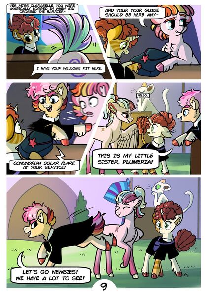 Size: 1024x1463 | Tagged: safe, artist:loryska, derpibooru import, toola roola, oc, oc:clarabelle, oc:conundrum solar flare, oc:plumeria, earth pony, hybrid, pegasus, pony, unicorn, zony, comic:friendship grows, adopted offspring, ear fluff, image, jpeg, offspring, older, parent:quibble pants, parent:rainbow dash, parent:sweetie belle, parents:quibbledash, running