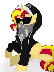 Size: 600x802 | Tagged: safe, artist:pinkamenascratch, derpibooru import, sunset shimmer, pony, unicorn, charlie scene, clothes, female, hollywood undead, hoodie, image, mask, png, simple background, solo, sunglasses
