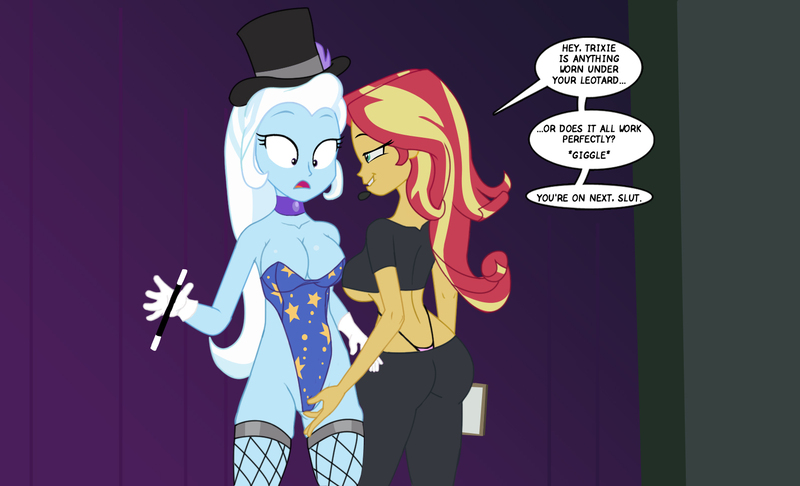 Size: 1590x966 | Tagged: questionable, artist:fishsandwich, derpibooru import, sunset shimmer, trixie, equestria girls, ass, breasts, bunset shimmer, butt, clothes, director shimmer, female, fishnets, image, jpeg, leotard, lesbian, panties, shipping, speech bubble, stage, suntrix, thong, thong leotard, underboob, underwear