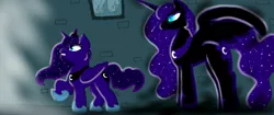 Size: 4096x1714 | Tagged: safe, artist:artmama113, derpibooru import, nightmare moon, princess luna, alicorn, pony, constellation, duality, ethereal mane, female, hoof shoes, image, jewelry, jpeg, mare, peytral, raised hoof, starry mane, tiara