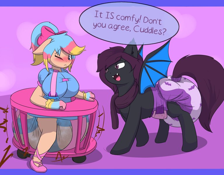 Size: 2300x1800 | Tagged: questionable, artist:sneaspeon, derpibooru import, oc, oc:cuddleshy, oc:night lily, anthro, bat pony, abdl, age regression, baby bouncer, big breasts, blushing, bouncer, breasts, diaper, diaper fetish, female, fetish, image, jpeg, messy diaper, milf, one eye closed, poofy diaper, role reversal, tables have turned