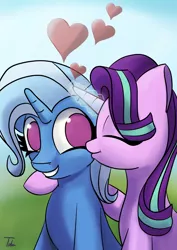 Size: 2897x4096 | Tagged: safe, artist:tubadraws, derpibooru import, starlight glimmer, trixie, pony, unicorn, female, glowing horn, heart, horn, image, jpeg, kiss on the cheek, kissing, lesbian, no pupils, shipping, smooch, startrix