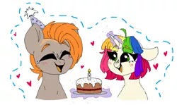 Size: 684x407 | Tagged: safe, artist:madkadd, derpibooru import, oc, unofficial characters only, earth pony, pony, unicorn, :d, birthday cake, bust, cake, duo, earth pony oc, eyes closed, food, glowing horn, hat, heart, horn, image, magic, multicolored hair, open mouth, party hat, png, rainbow hair, simple background, smiling, telekinesis, unicorn oc, white background