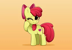 Size: 4096x2845 | Tagged: safe, artist:kittyrosie, derpibooru import, apple bloom, earth pony, pony, adorabloom, apple bloom's bow, blushing, bow, cute, female, filly, hair bow, hoof on cheek, image, jpeg, looking at you, one eye closed, smiling, wink