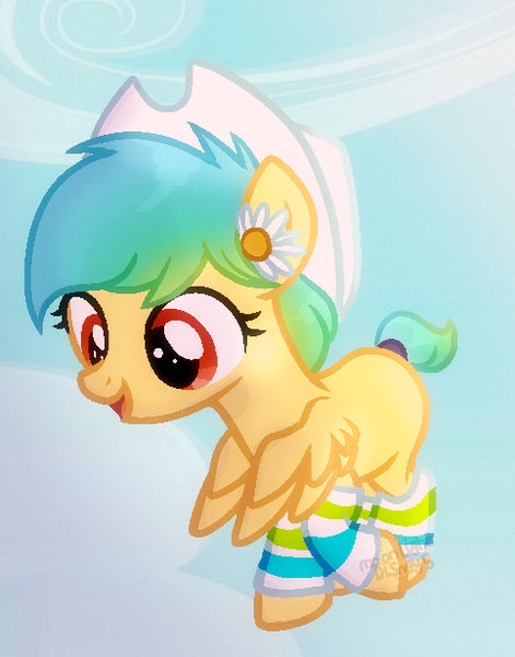 Size: 483x615 | Tagged: safe, artist:moonlightdisney5, derpibooru import, daisy, flower wishes, oc, oc:synchronize, pegasus, pony, female, filly, flower, flower in hair, hat, image, png, shading, solo