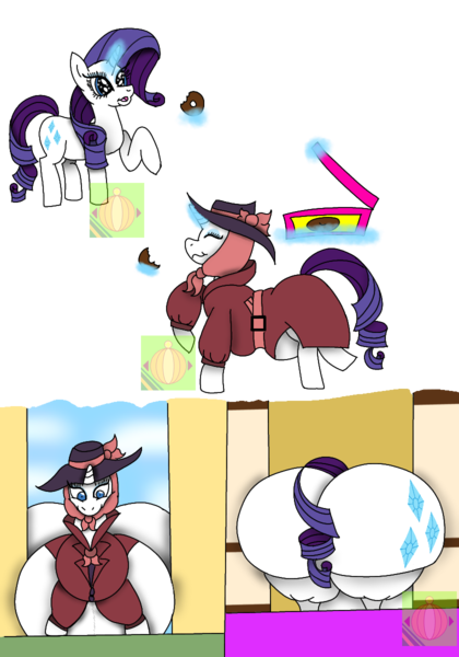 Size: 840x1200 | Tagged: suggestive, artist:a-heckin-chonker, derpibooru import, rarity, pony, unicorn, butt, butt expansion, comic, detective rarity, donut, eating, fat, female, food, growth, huge butt, image, impossibly large butt, large butt, magic, mare, morbidly obese, obese, plot, png, raritubby, rearity, simple background, stuck, telekinesis, transparent background, weight gain