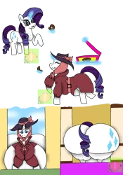 Size: 840x1200 | Tagged: suggestive, artist:a-heckin-chonker, derpibooru import, rarity, pony, unicorn, butt, butt expansion, comic, detective rarity, donut, eating, fat, female, food, growth, huge butt, image, impossibly large butt, large butt, magic, mare, morbidly obese, obese, plot, png, raritubby, rearity, simple background, stuck, telekinesis, transparent background, weight gain