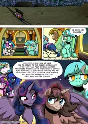 Size: 2408x3400 | Tagged: safe, artist:tarkron, author:bigonionbean, derpibooru import, bon bon, lyra heartstrings, octavia melody, princess cadance, princess celestia, princess luna, sweetie drops, twilight sparkle, twilight sparkle (alicorn), vinyl scratch, oc, oc:king speedy hooves, oc:queen galaxia, alicorn, earth pony, pony, unicorn, comic:fusing the fusions, comic:time of the fusions, alicorn oc, alicorn princess, background pony, clock, clothes, comic, commissioner:bigonionbean, crown, cutie mark, dialogue, female, friendship express, fusion:king speedy hooves, fusion:queen galaxia, glasses, horn, husband and wife, image, jewelry, male, mare, png, regalia, royalty, self reflection, sitting, sleeping, stallion, storm, thinking, train, train station, wings