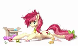 Size: 2200x1305 | Tagged: safe, artist:ladonb kokosa, derpibooru import, roseluck, earth pony, pony, behaving like a cat, bow, christmas ornament, collar, commission, commissioner:doom9454, cute, decoration, image, jpeg, leg fluff, lying down, pet tag, pony pet, prone, rosepet, smiling, solo, tail bow