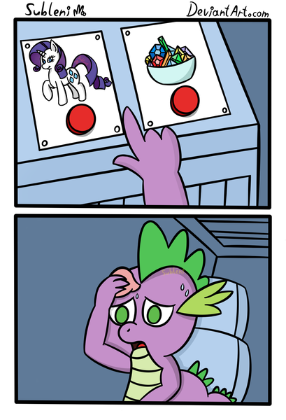 Size: 1500x2200 | Tagged: safe, artist:subleni, derpibooru import, rarity, spike, dragon, pony, unicorn, bowl, button, chair, choice, comic, dilemma, gem, image, indecision, male, meme, png, sweat