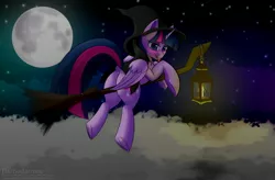 Size: 3296x2160 | Tagged: safe, alternate version, artist:darbedarmoc, derpibooru import, twilight sparkle, twilight sparkle (alicorn), alicorn, pony, blushing, broom, butt, candle, clothes, cloud, costume, dock, female, flying, flying broomstick, frog (hoof), halloween, hat, high res, holiday, hooves, horn, image, jpeg, lamp, lantern, looking at you, looking back, looking back at you, mare, moon, night, plot, presenting, rear view, robe, sky, solo, spreading, stars, tail, tail aside, tongue out, two toned mane, underhoof, wings, witch, witch costume, witch hat