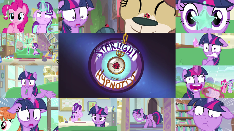 Size: 1974x1111 | Tagged: safe, derpibooru import, edit, edited screencap, editor:quoterific, screencap, peppermint goldylinks, pinkie pie, starlight glimmer, twilight sparkle, twilight sparkle (alicorn), yona, alicorn, earth pony, insect, ladybug, pony, unicorn, yak, starlight the hypnotist, spoiler:interseason shorts, coccinellidaephobia, duo, eyes closed, facehoof, female, floppy ears, friendship student, glowing horn, horn, hypnosis, image, magic, magic aura, open mouth, png, school of friendship, shocked, sitting, teeth, tired eyes, trio, twilight hates ladybugs