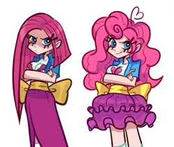 Size: 707x600 | Tagged: safe, artist:switchsugar, derpibooru import, pinkie pie, human, pony, anime, anime style, breasts, busty pinkie pie, clothes, duality, duo, duo female, female, humanized, image, long skirt, panty and stocking with garterbelt, pinkamena diane pie, png, self paradox, simple background, skirt, style emulation