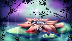 Size: 6004x3407 | Tagged: safe, artist:creativecocoacookie, derpibooru import, oc, unofficial characters only, hybrid, merpony, seapony (g4), eyes closed, fins, fish tail, flower, glow, high res, image, leaves, lying down, moon, moonlight, night, petals, png, signature, sky, sleeping, smiling, solo, starry night, stars, sweet dreams fuel, tree branch, water