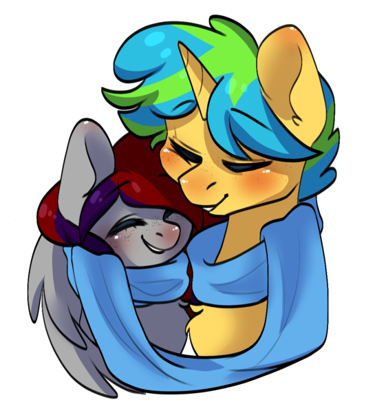 Size: 1000x1100 | Tagged: safe, artist:cottonsweets, derpibooru import, oc, oc:evening prose, unofficial characters only, pegasus, pony, unicorn, blushing, clothes, couple, eyes closed, freckles, horn, image, pegasus oc, png, scarf, shared clothing, shared scarf, shipping, simple background, transparent background, unicorn oc, wings