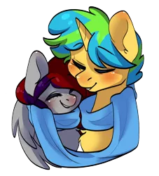 Size: 1000x1100 | Tagged: safe, artist:cottonsweets, derpibooru import, oc, oc:evening prose, unofficial characters only, pegasus, pony, unicorn, blushing, clothes, couple, eyes closed, freckles, horn, image, pegasus oc, png, scarf, shared clothing, shared scarf, shipping, simple background, transparent background, unicorn oc, wings