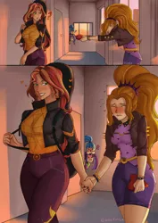 Size: 2480x3508 | Tagged: safe, artist:nire, derpibooru import, adagio dazzle, aria blaze, sonata dusk, sunset shimmer, human, equestria girls, blushing, blushing profusely, box of chocolates, clothes, confession, embarrassed, female, floating heart, guitar, guitar case, heart, holding hands, humanized, image, jacket, lesbian, musical instrument, png, school, shipping, shy, smiling, spikes, spying, sunsagio, sunset, sweat, sweating profusely