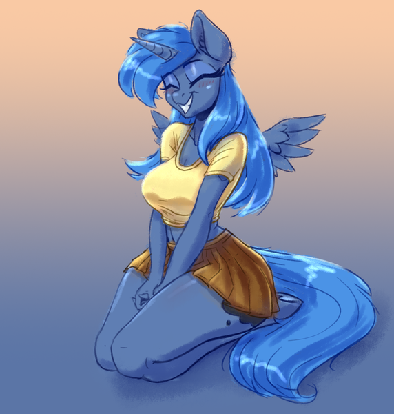 Size: 2250x2362 | Tagged: safe, alternate version, artist:dandy, derpibooru import, princess luna, alicorn, anthro, pony, unguligrade anthro, adorasexy, arm boob squeeze, big breasts, blushing, breasts, busty princess luna, cleavage, clothes, cute, cutie mark, eyes closed, eyeshadow, female, grin, hooves, horn, image, kneeling, legs, lunabetes, makeup, mare, midriff, miniskirt, png, s1 luna, schrödinger's pantsu, sexy, shirt, short shirt, skirt, smiling, solo, thighs, wings