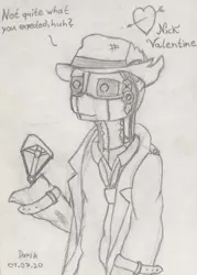 Size: 1648x2304 | Tagged: safe, artist:donnik, derpibooru import, fallout, fallout 4, image, nick valentine, pencil drawing, png, solo, synth, traditional art