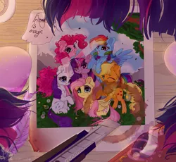 Size: 2553x2349 | Tagged: semi-grimdark, artist:colorochka, derpibooru import, applejack, fluttershy, pinkie pie, rainbow dash, rarity, twilight sparkle, earth pony, pegasus, pony, unicorn, alone, blood, blood stains, box cutter, first person view, image, implied immortality blues, implied self harm, knife, mane six, offscreen character, photo, png, pov, sad, unicorn twilight