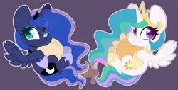 Size: 2048x1043 | Tagged: safe, artist:sakukitty, derpibooru import, princess celestia, princess luna, alicorn, pony, colored pupils, cute, duo, female, full moon, image, jpeg, mare, moon, plushie, purple background, royal sisters, siblings, simple background, sisters, sun, tangible heavenly object