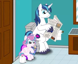 Size: 2591x2118 | Tagged: safe, anonymous artist, derpibooru import, princess flurry heart, shining armor, alicorn, pony, unicorn, bathroom, book, but why, father and child, father and daughter, female, image, male, newspaper, png, potty, potty training, reading, remake, toilet, toilet paper