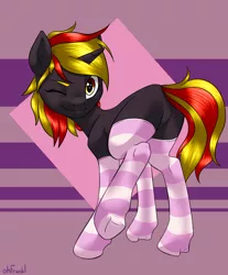 Size: 1094x1324 | Tagged: suggestive, artist:frankl, derpibooru import, oc, oc:java, unofficial characters only, pony, unicorn, ass, butt, clothes, female, image, jpeg, one eye closed, socks, solo, solo female, striped socks, thigh highs, wink