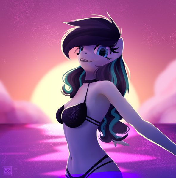 Size: 1064x1080 | Tagged: safe, artist:elektra-gertly, derpibooru import, coloratura, anthro, 3d, alternate hairstyle, backlighting, belly button, bikini, black bikini, breasts, clothes, female, image, png, sexy, solo, source filmmaker, sun, swimsuit