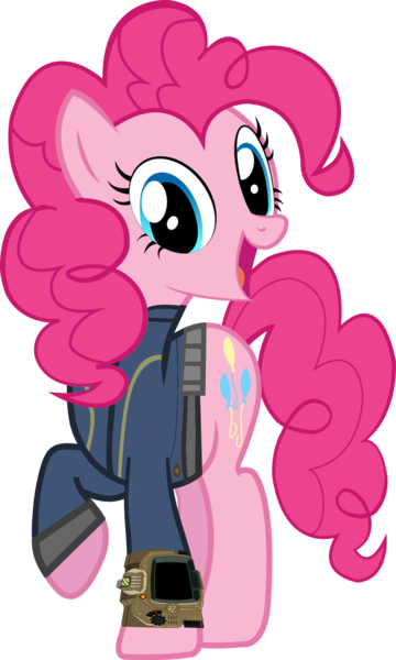 Size: 1024x1707 | Tagged: safe, artist:ponygamer2020, artist:snapshopvisuals, derpibooru import, pinkie pie, earth pony, pony, fallout equestria, clothes, fallout, female, image, jumpsuit, looking at you, open mouth, pipboy, png, simple background, solo, transparent background, vault suit, vector