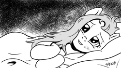 Size: 1200x675 | Tagged: safe, artist:pony-berserker, derpibooru import, fluttershy, pony, bed, bedroom eyes, cute, good morning, image, looking at you, messy hair, monochrome, morning ponies, png, shyabetes, stippling