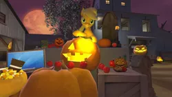 Size: 1280x720 | Tagged: safe, artist:horsesplease, derpibooru import, applejack, 3d, apple, applejack-o-lantern, evil grin, food, gmod, grin, halloween, hatless, holiday, image, jack-o-lantern, jpeg, missing accessory, moon, pumpkin, smiling