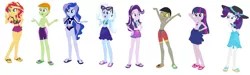 Size: 1280x382 | Tagged: safe, artist:diana173076, derpibooru import, discord, princess luna, rarity, starlight glimmer, sunset shimmer, thorax, trixie, twilight sparkle, equestria girls, base used, belly button, clothes, clothes swap, equestria girls-ified, feet, flip-flops, image, jpeg, sandals, simple background, swimsuit, swimsuit swap, white background