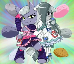 Size: 1480x1280 | Tagged: safe, alternate version, artist:batipin, derpibooru import, limestone pie, marble pie, earth pony, semi-anthro, clothes, cosplay, costume, cure black, cure white, image, png, pretty cure