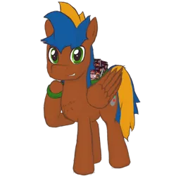 Size: 1200x1200 | Tagged: safe, artist:hiddelgreyk, derpibooru import, oc, unofficial characters only, pegasus, pony, derpibooru community collaboration, them's fightin' herds, 2021 community collab, blue mane, brown coat, chest fluff, community related, game cover, green eyes, image, male, pegasus oc, png, simple background, solo, stallion, standing, transparent background, video game, wings