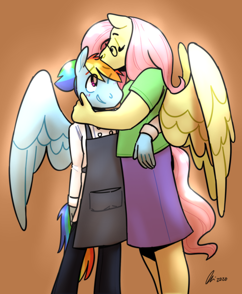Size: 1280x1554 | Tagged: safe, artist:rwl, derpibooru import, fluttershy, rainbow dash, anthro, pegasus, arm around back, commission, eyes closed, female, flutterdash, forehead kiss, glasses, height difference, image, kissing, lesbian, png, shipping, tallershy
