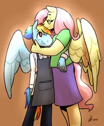 Size: 1280x1554 | Tagged: safe, artist:rwl, derpibooru import, fluttershy, rainbow dash, anthro, pegasus, arm around back, commission, eyes closed, female, flutterdash, forehead kiss, glasses, height difference, image, kissing, lesbian, png, shipping, tallershy
